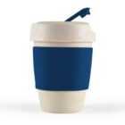 Reusable cup with blue sleeve and lid, featuring a flip-top design.