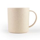 Beige speckled ceramic mug with a handle, viewed from the side.