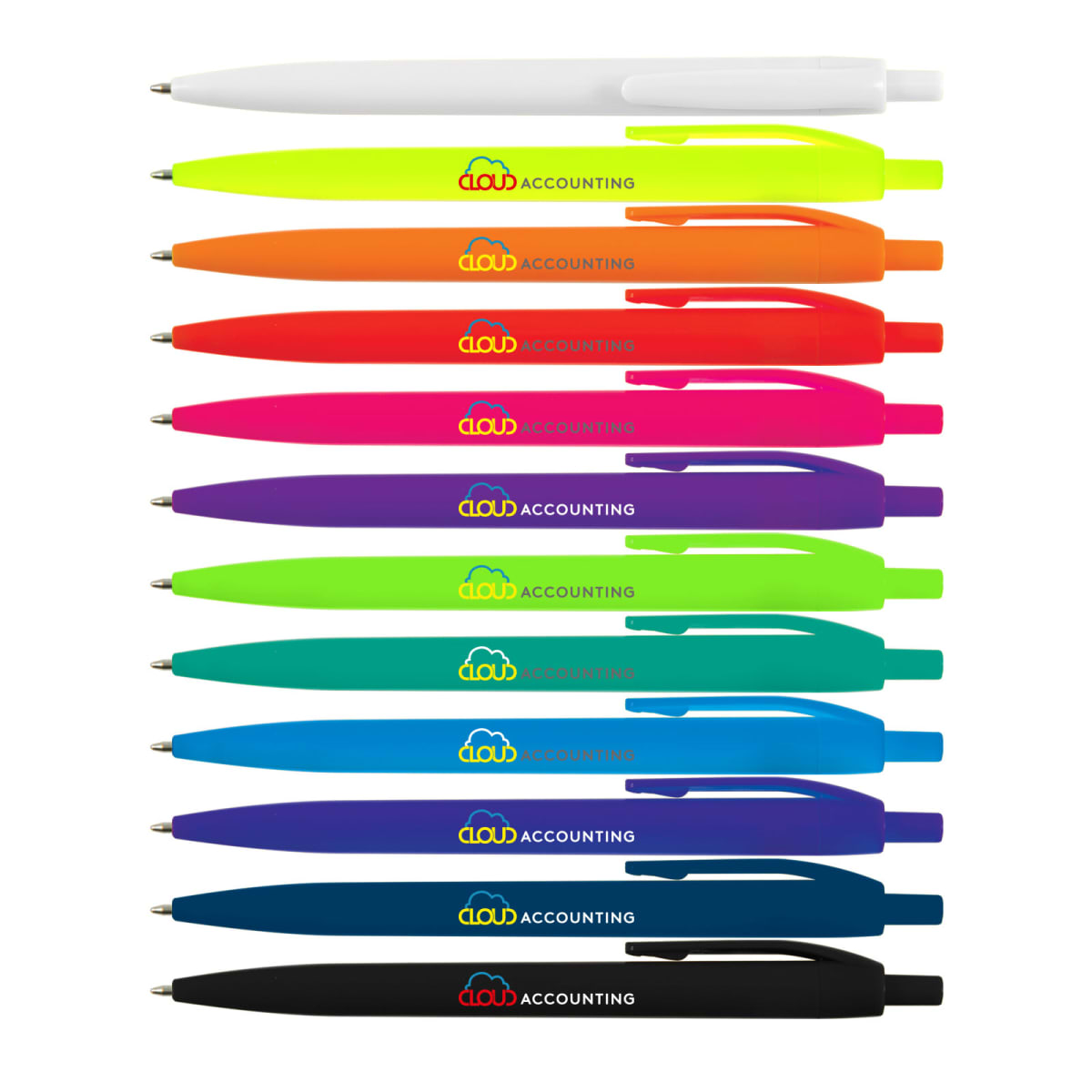 Twelve colorful pens in different shades, each with ACCOUNTING written on them.