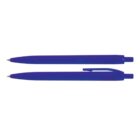 Two blue ballpoint pens, one with a clip, on a white background.