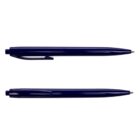 Two blue ballpoint pens, one with cap clicked and one with cap unclicked, on a white background.