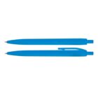 Two blue ballpoint pens, one facing up and one facing down, on a white background.
