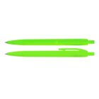 Two bright green ballpoint pens, one with clip, on a white background.