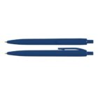 Two blue ballpoint pens, one uncapped and one capped, on a white background.