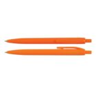 Two orange ballpoint pens, one with a click mechanism, side by side on a white background.