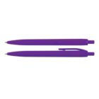 Two purple ballpoint pens, one showing the side view and the other showing the clip side.