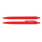 Two red pens, one with a clip and clickable top, the other without.