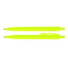 Two neon yellow pens with clips, one above the other, on a white background.