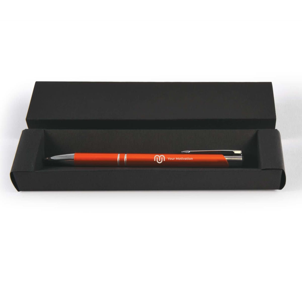 Red pen in a black presentation case.