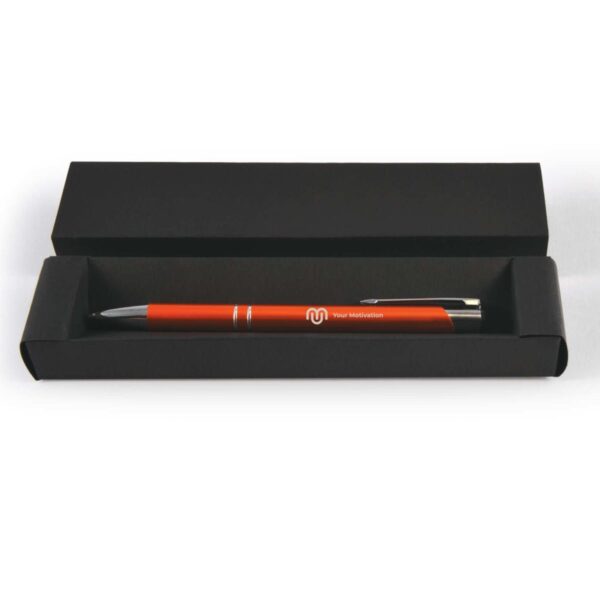 Red pen with logo in a black box on a white background.