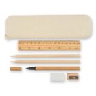 Stationery set with a case, pencils, pen, ruler, eraser, sharpener, and paperclip.