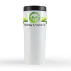 White travel mug with Media Makers logo and green design.