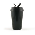 Black shaker bottle with a closed flip-top lid on a white background.