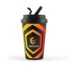 Black tumbler with orange-yellow geometric design and Ciberian logo.
