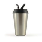 Stainless steel tumbler with a black lid and flip straw, isolated on a white background.