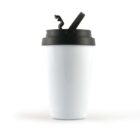 White travel mug with black lid and flip-top closure on a white background.