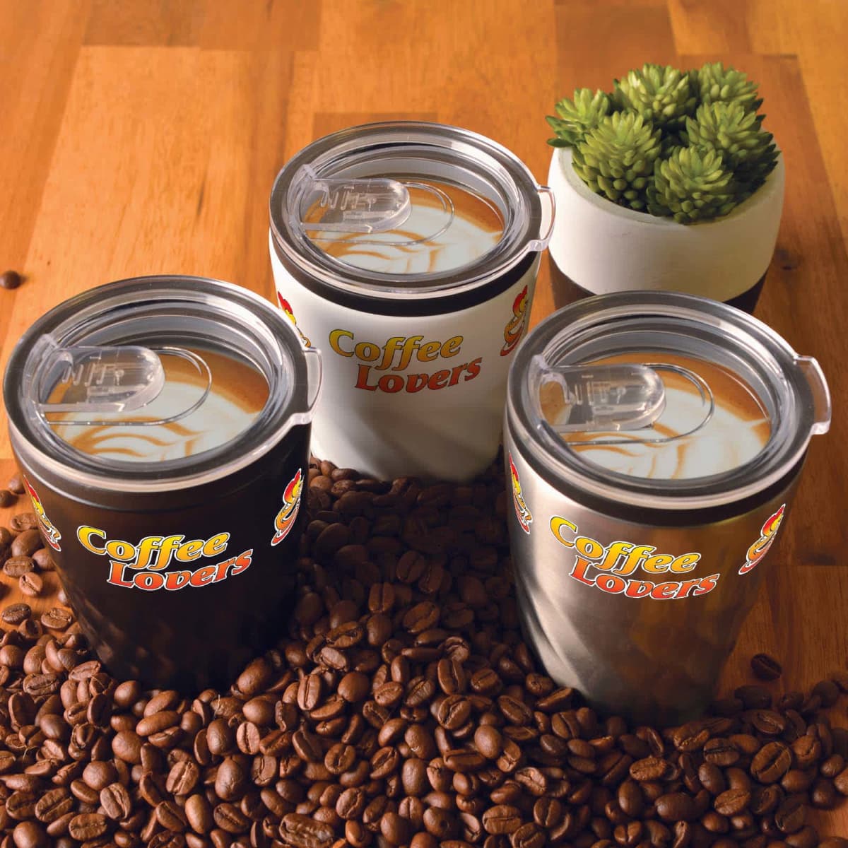 Three coffee cups on coffee beans with a succulent in the background.
