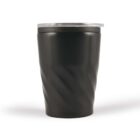 Black insulated tumbler with lid, featuring a subtle spiral design.