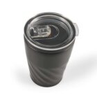 Black travel tumbler with a clear, sliding lid on a white background.