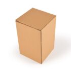 Cardboard box standing on a white surface, viewed from a slightly elevated angle.