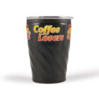 Black coffee tumbler with Coffee Lovers text and a clear lid.