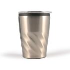 Stainless steel travel mug with a twist design and a clear lid.