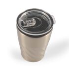 Stainless steel tumbler with a transparent lid viewed from above.