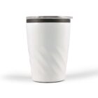 White insulated tumbler with a clear lid and a black rim, on a white background.