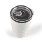 White insulated tumbler with a clear plastic lid and black trim on a white background.