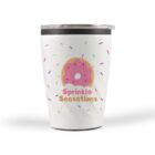 White tumbler with donut and sprinkles design, text reads Sprinkle Sensations.