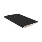 Black notebook with a soft cover, closed, on a white background.