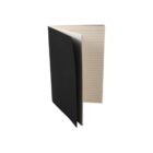 Open black notebook with lined pages visible.