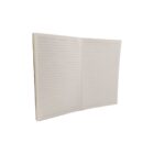 Open, blank notebook with lined pages against a white background.
