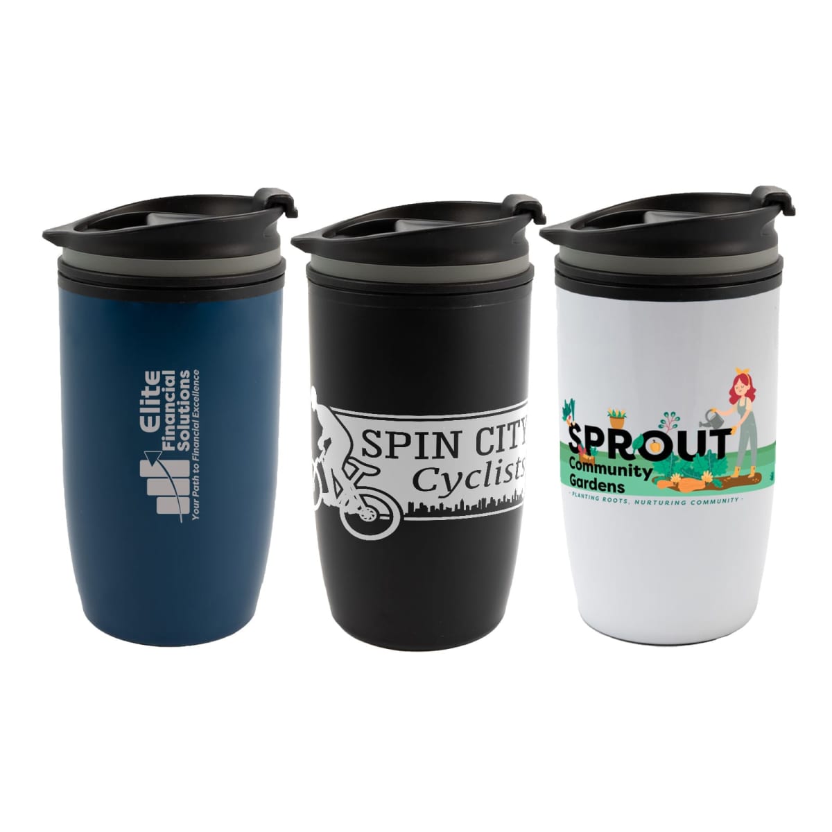 Three branded travel mugs with different logos and colors.