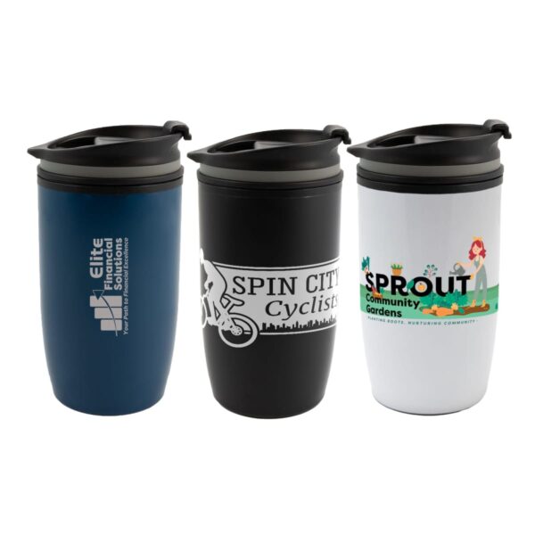 Three travel mugs with different designs and logos in blue, black, and white.