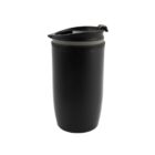 Black travel mug with lid, isolated on a white background.