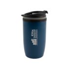 Blue travel mug with Elite Financial Solutions logo on the side.