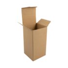 Open, tall rectangular cardboard box with flaps, standing upright.