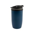 Blue insulated travel mug with a black lid.