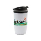 White travel mug with SPROUT Community Gardens and a gardening illustration.