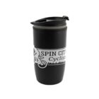 Black travel mug with SPIN CITY Cyclists logo and cyclist graphic.