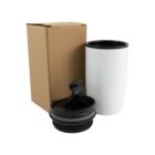 White travel mug with a black lid next to a cardboard box.