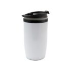 White travel mug with black lid against a plain background.