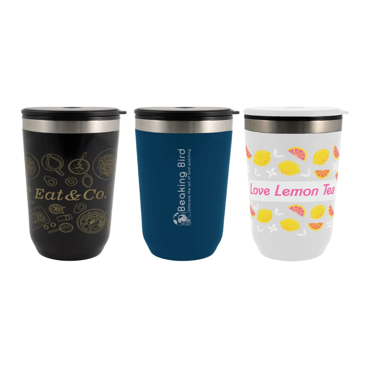Three travel mugs: black, blue, and white with various designs and logos.