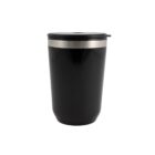 Black insulated travel mug with a lid, set against a white background.
