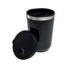 Black travel mug with a removable lid, featuring a silver accent near the top.