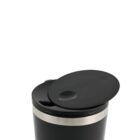 Black travel mug with a closed lid, showing a metallic band near the top.