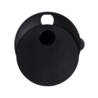 Black circular object with a small opening and a tab at the top.