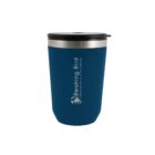 Blue travel mug with Beaking Bird logo and text.
