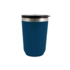 Blue and stainless steel travel mug with a black lid.